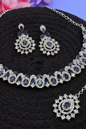 Beige color rhodium plating festive wear designer necklace set