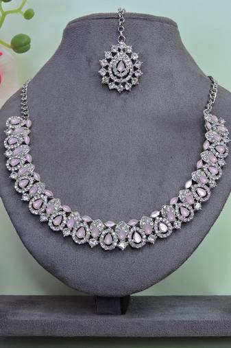 Pink color rhodium plating festive wear designer necklace set