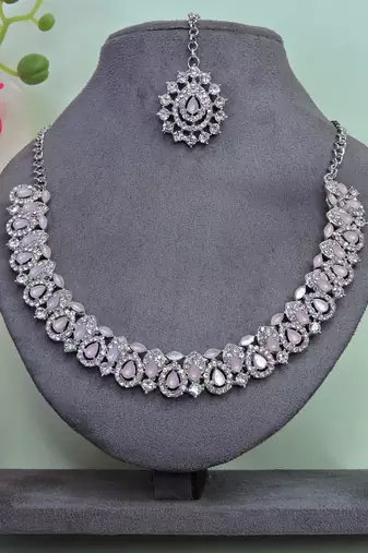 Pink color rhodium plating festive wear designer necklace set