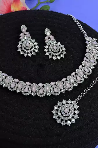 Pink color rhodium plating festive wear designer necklace set