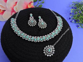 Green color rhodium plating festive wear designer necklace set 2