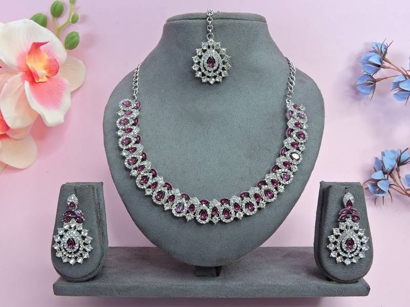 Purple color rhodium plating festive wear designer necklace set