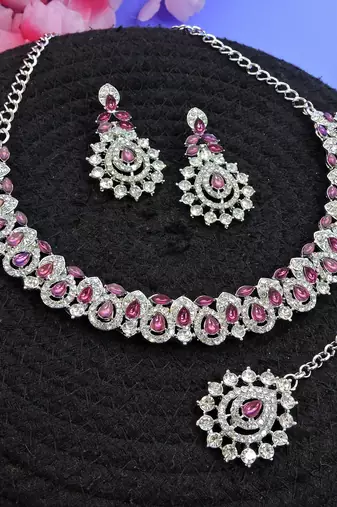 Purple color rhodium plating festive wear designer necklace set