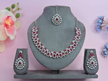Pink color rhodium plating festive wear designer necklace set 1