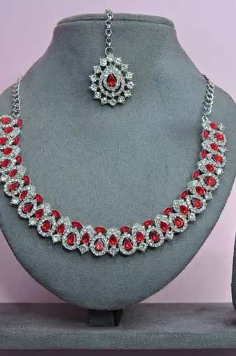 Red color rhodium plating festive wear designer necklace set