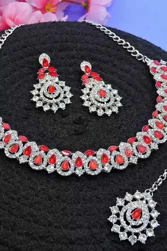 Red color rhodium plating festive wear designer necklace set