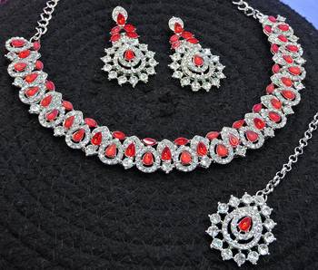 Red color rhodium plating festive wear designer necklace set 3
