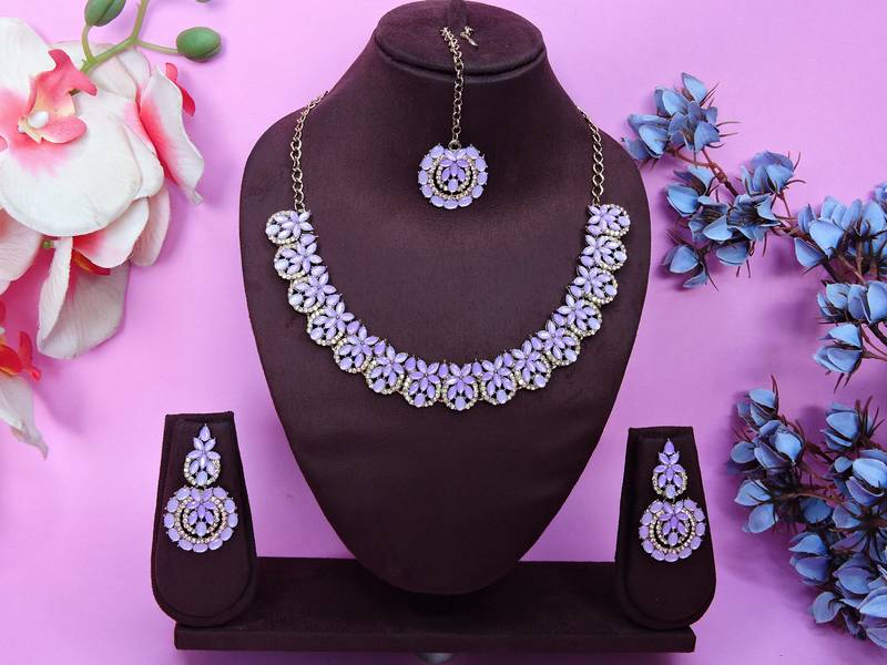 Purple color yellow gold plating festive wear designer necklace set