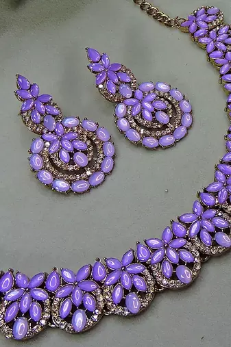Purple color yellow gold plating festive wear designer necklace set