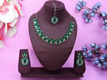 Green color yellow gold plating festive wear designer necklace set 1