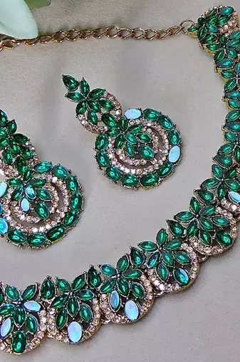 Green color yellow gold plating festive wear designer necklace set