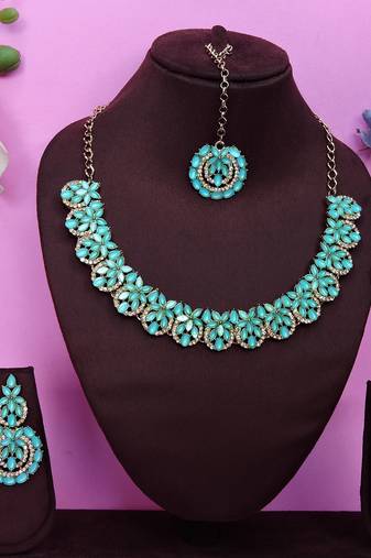 Green color yellow gold plating festive wear designer necklace set
