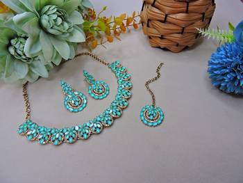 Green color yellow gold plating festive wear designer necklace set 2