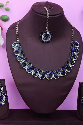 Beige and blue  color yellow gold plating festive wear designer necklace set