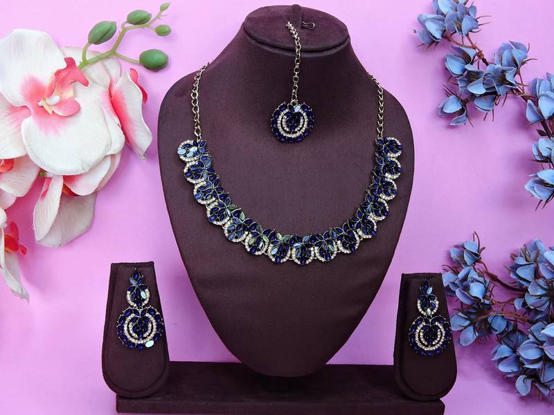 Beige and blue  color yellow gold plating festive wear designer necklace set