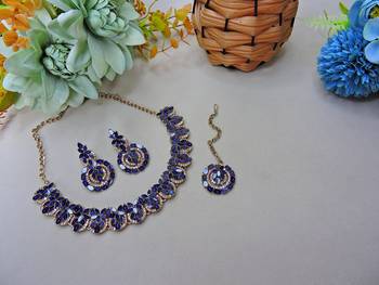 Beige and blue  color yellow gold plating festive wear designer necklace set 2