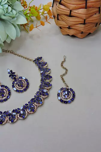 Beige and blue  color yellow gold plating festive wear designer necklace set