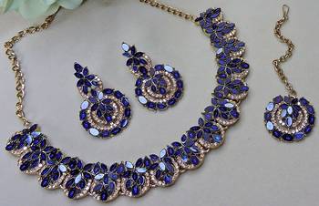 Beige and blue  color yellow gold plating festive wear designer necklace set 3