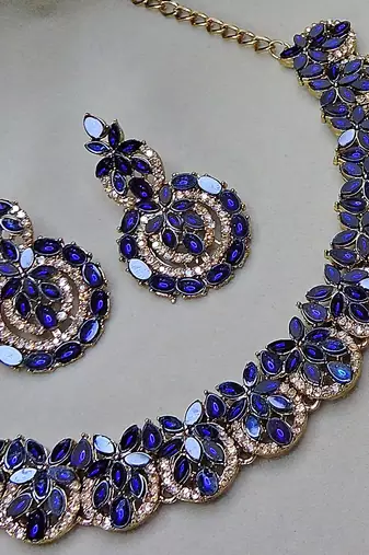 Beige and blue  color yellow gold plating festive wear designer necklace set