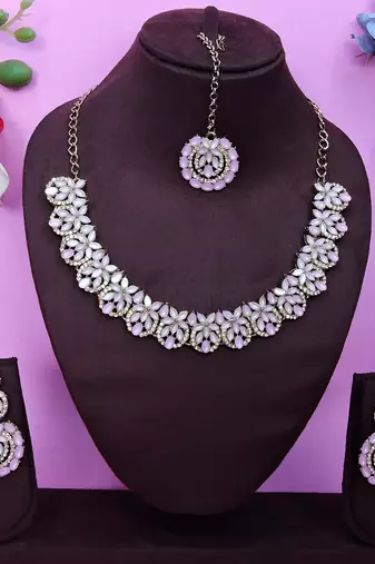Pink color yellow gold plating festive wear designer necklace set