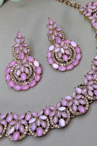 Pink color yellow gold plating festive wear designer necklace set