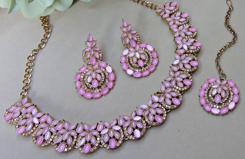 Pink color yellow gold plating festive wear designer necklace set