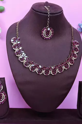 Purple color yellow gold plating festive wear designer necklace set