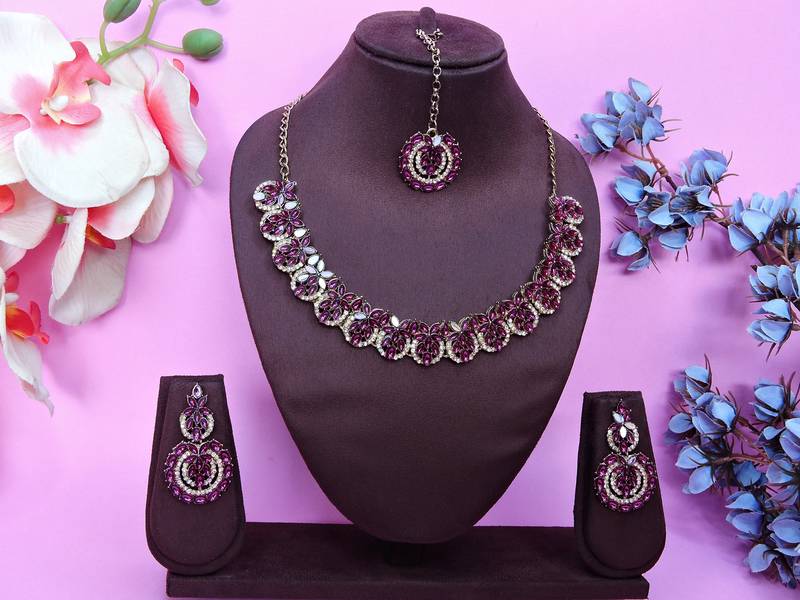 Purple color yellow gold plating festive wear designer necklace set
