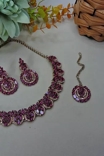 Purple color yellow gold plating festive wear designer necklace set