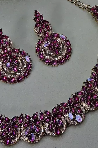 Purple color yellow gold plating festive wear designer necklace set