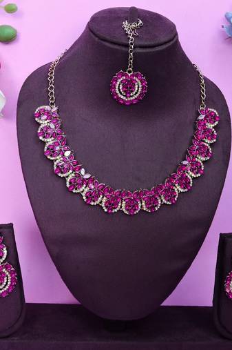 Pink color yellow gold plating festive wear designer necklace set