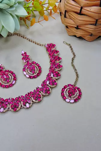 Pink color yellow gold plating festive wear designer necklace set