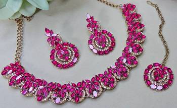 Pink color yellow gold plating festive wear designer necklace set 3