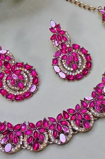 Pink color yellow gold plating festive wear designer necklace set