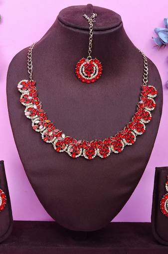 Red color yellow gold plating festive wear designer necklace set