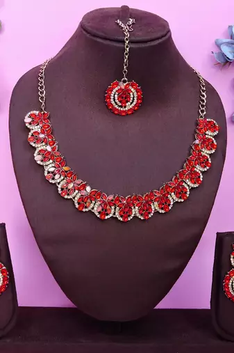 Red color yellow gold plating festive wear designer necklace set
