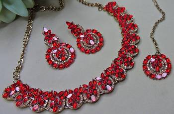 Red color yellow gold plating festive wear designer necklace set 3