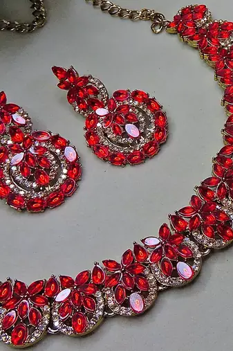 Red color yellow gold plating festive wear designer necklace set