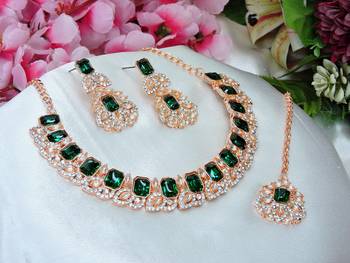Green color rhodium plating festive wear designer necklace set 2
