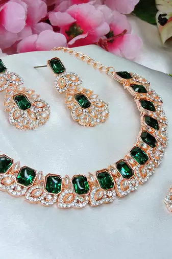 Green color rhodium plating festive wear designer necklace set
