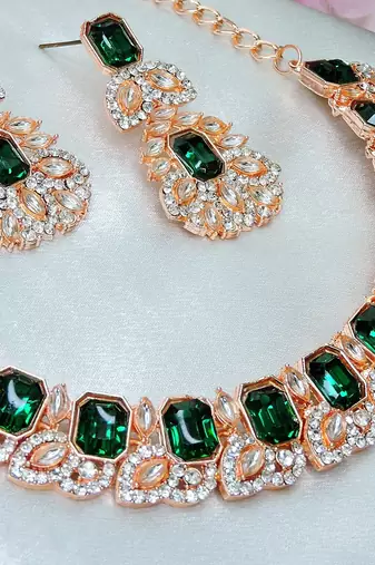 Green color rhodium plating festive wear designer necklace set