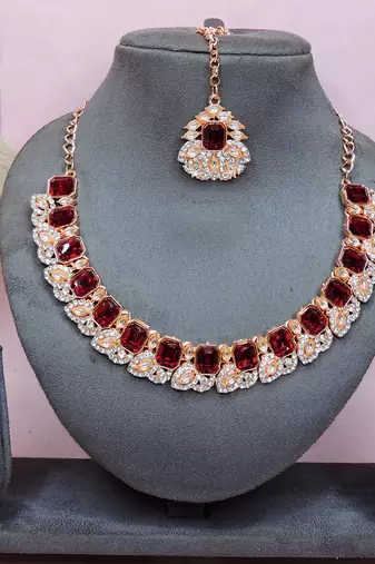 Maroon color rhodium plating festive wear designer necklace set