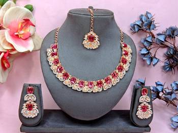 Pink color rhodium plating festive wear designer necklace set 1