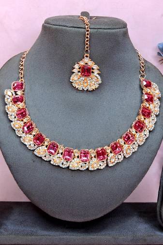 Pink color rhodium plating festive wear designer necklace set