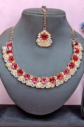 Pink color rhodium plating festive wear designer necklace set