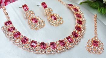 Pink color rhodium plating festive wear designer necklace set 2