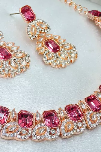 Pink color rhodium plating festive wear designer necklace set