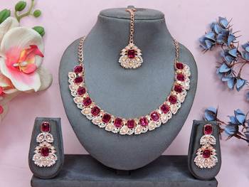 Pink color rhodium plating festive wear designer necklace set 1