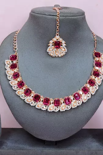 Pink color rhodium plating festive wear designer necklace set