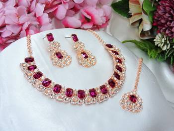 Pink color rhodium plating festive wear designer necklace set 2